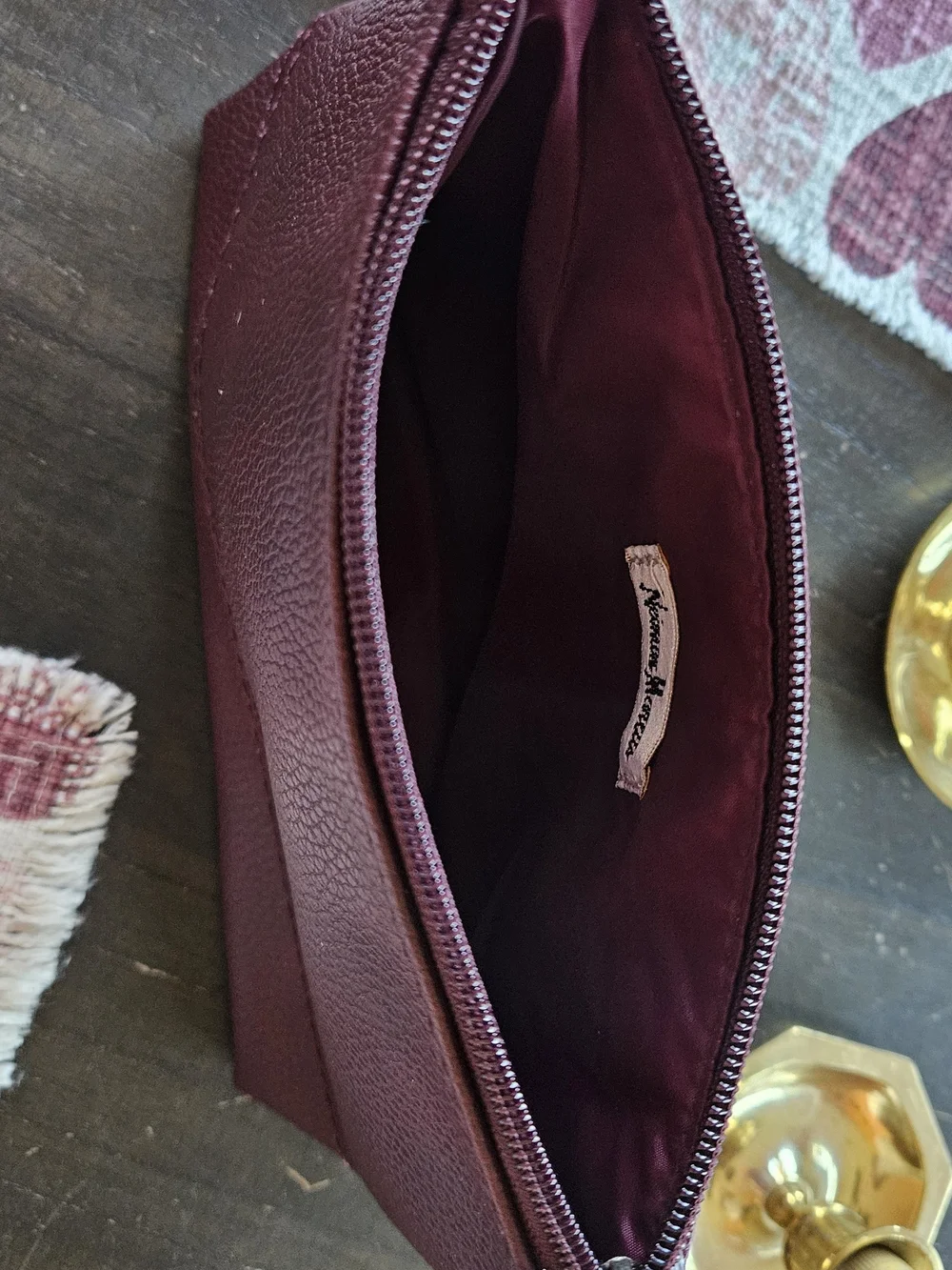 Neiman Marcus Burgandy Pebbled Leather Cosmetic Pouch Bag